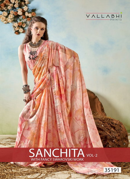Sanchita Vol 2 By Vallabhi Moss Chiffon Abstract Print With Fancy Swarovski Work Saree Exporters In India